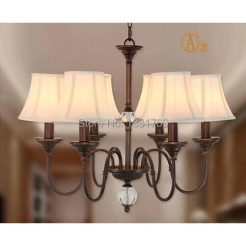 6 heads American country style CRYSTAL BALL pendant lamp Dining Room bedroom Bar Light fabric shade Chandelier lights