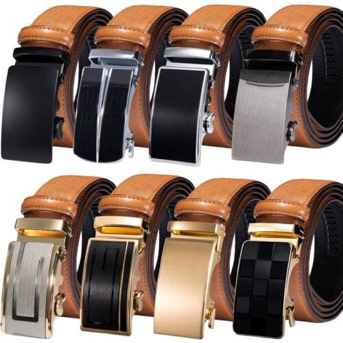 Orange Brown Leather Mens Belts Automatic Buckles Men Belt Ratchet Waistband Straps for Dress Jeans Sliding Buckle Easy Release