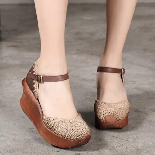 High Heels Retro Wedges Sandals Genuine Leather Buckle Strap Women Shoes 2021 Summer Knitting Round Toe Platform Ladies Shoes