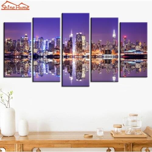 ShineHome-5pcs Wall Art Canvas Prints New York City Manhattan Night Painting Modular Picture Printing Home Decor Living Room Art