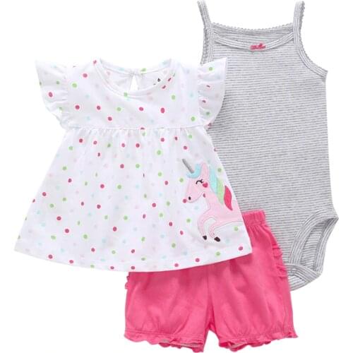 Cartoon unicorn baby girl outfit summer suit 2021 newborn clothes sleeveless dot T shirt+stripe bodysuit+shorts clothing set