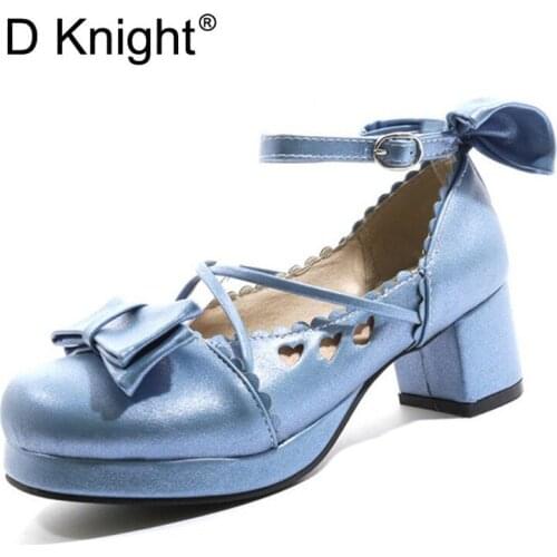 Cosplay Shoes Women Summer 2019 Sweet Spring Women Pumps Korean Ankle Strap Harajuku Bowtie Princess Girl Lolita Shoes Plus Size