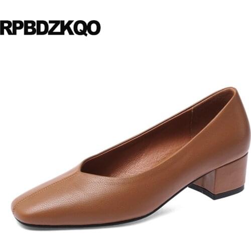 Pumps Square Toe Block Retro Size 10 Handmade Genuine Leather Women Shoes Luxury High Heels Work Brown 33 Plus 2021 Medium 11