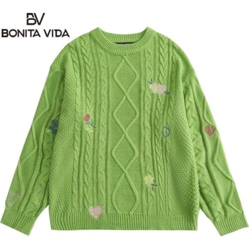 Bonita Vida Sweaters Hip Hop Embroidery Flower Heart Knitted Jumpers Sweater Harajuku Loose Streetwear Knitwear Fashion Tops