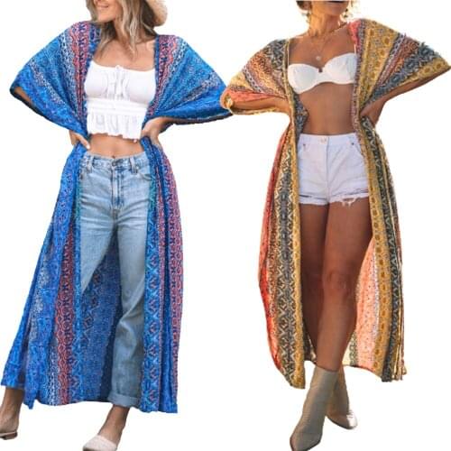 2021 Womens Chiffon Long Dresses Sundress Boho Fashion Long Sleeve Anti-UV Sunproof Bikini Cover Ups Cardigan Swimwear