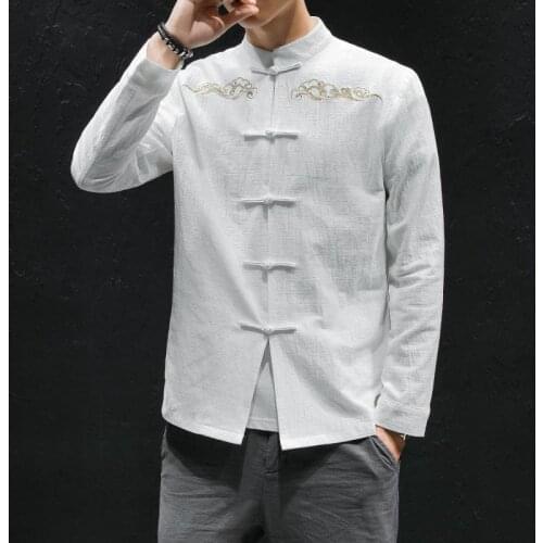2021 Chinese Style Men Shirts Tunic Neck Long Sleeve Cotton Chinese Vintage Shirt Casual Thin Fitness Camisa Masculina M-5XL