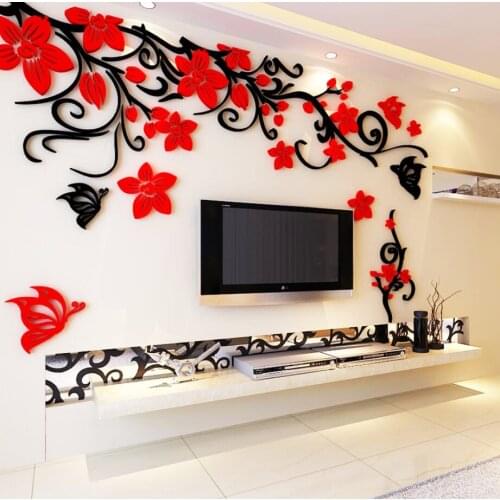 3D Butterfly Flower Vine Wall Stickers Crystal Acrylic Living Room Decoration TV Background Wall Decor Decals Pastoral Mural 1pc
