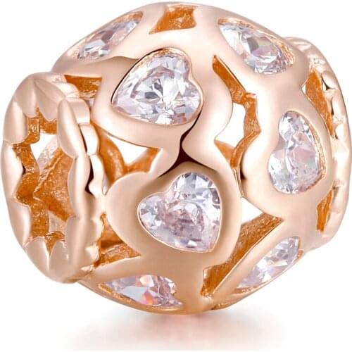 Openwork Heart Charm Fashion Jewelry Rose Gold Beads Fit Silver Charm Bracelet for Women DIY Jewelry Making