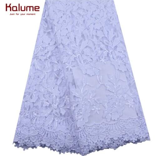 Kalume White African Lace Fabric 3D Flower Soft Wedding Dress French Milk Silk Lace Fabric With Sequins For Nigerian Party F1886