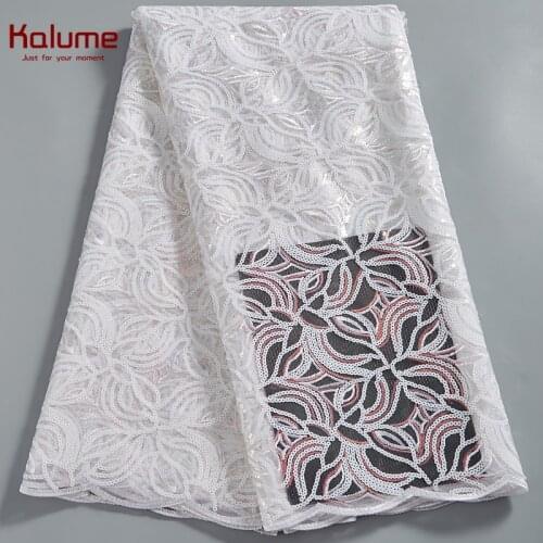 Kalume White African Lace Fabric Sequins High Quality Nigerian French Tulle Net Lace Fabric For Sew Diy Dress Wedding H2573