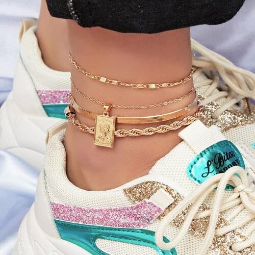 New 2020 Beaded Boho Summer Beach Multi-level Snake Chain Pendant Square Geometric pendant Anklet Handmade Anklet Jewelry Gift