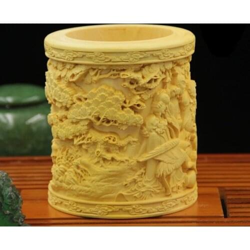 Portalápices de madera maciza tallada, decoración de arte y artesanías de boj, muebles para el hogar, regalo, obra de arte hecha