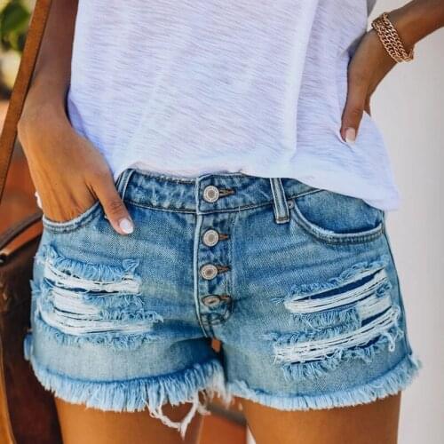 Women’s Fashion Washed Distressed Denim Jeans Shorts Personality Solid Color Ripped High-waist Denim Shorts Button Decor