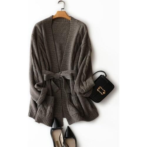 100% Yak Fluff Cardigan thick Womens New Style for Autumn and Winter French Lace-up Lazy Loose Sweater Retro Simple Coat