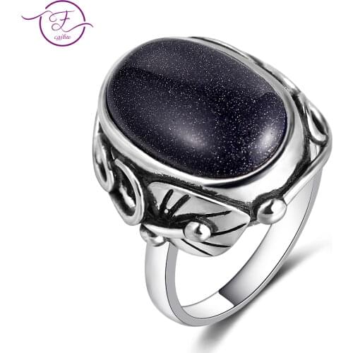 Blue Sandstone Rings For Womens 925 Sterling Silver Jewelry Ring With Big Stones 11x17MM Oval Gemstones Gifts Wholesale