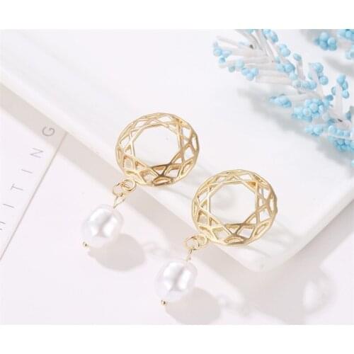 Korean Round Mesh Hollow Pearl Geometric Earrings For Women Girl Gold Ears Charm Trendy Jewelry