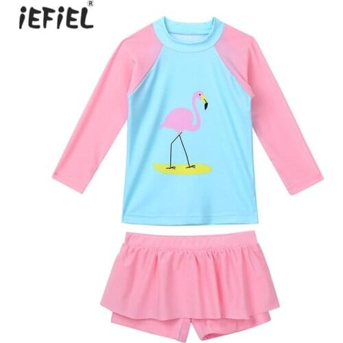 Kids Girls Tankini Swimming Suit Long Sleeves Flamingo Printed Rashguard Swimsuit Swimwear Bathing Suit Sets Tops with Bottoms