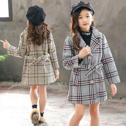 2019 Autumn Winter Full Plaid Jacket Childrens Clothing Girls Wool Blends Coat Medium-long Trench Baby Kids Outerwear 110-160cm