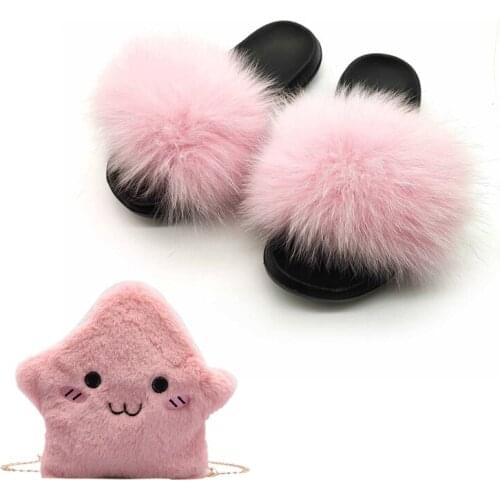 New Design Fox Fur Slippers Womens Cute Small Starfish Shoulder Bags Home Furry Slides Girls Hand Purse Set Flat Flip Flops