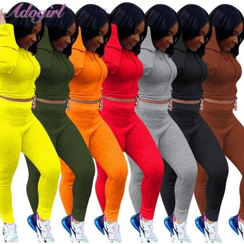 Plain Color Activewear Two Piece Sets Solid Long Sleeve Pullover Crop Tops Basic Hoddies Leggings Sweatpants Sporty Tracksuit