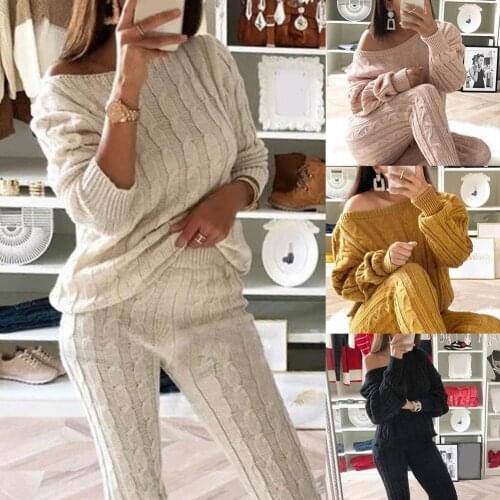 Wholesales Autumn Winter Warm Solid Color 2 Piece Set One Shoulder Sweater Knit Long Pants