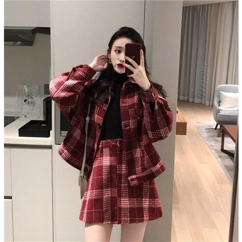 Autumn Winter Women Set Fashion Woolen cloth Plaid Coat and skirt two piece set women 2020 HOT female set