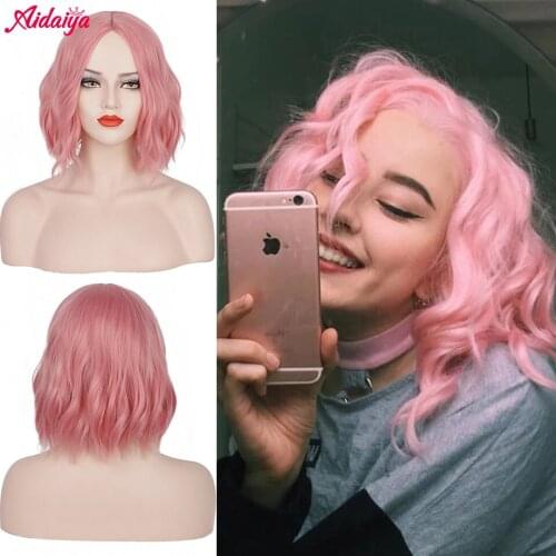 Aidaiya Short Water Wave Wigs Synthetic Bob Wig Hair with Neat Bang Bulk Hair Extension High Temperature for Black Women