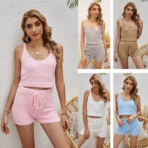 S-XL Women Two-piece Pajamas 2 Pcs Plush Clothing Sets Lady Girls Crop Top Vest Drawstring High Wait Shorts Outfit Set Homewear
