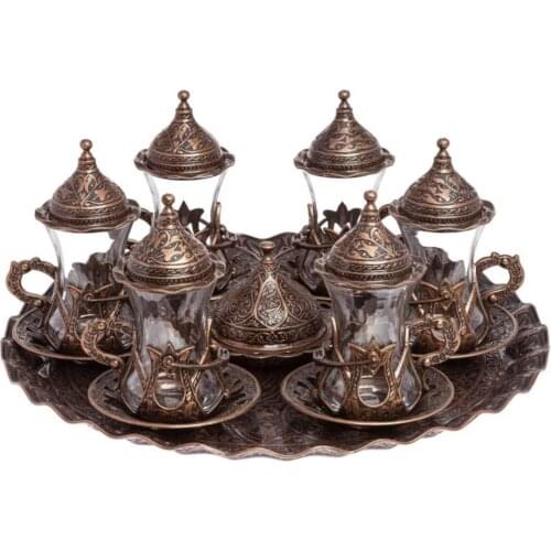 Bazaar Gift Ottoman Motif Kösem Sultan Tea Serving Tray Cup Sugar Bowl Set-Antique Copper Color
