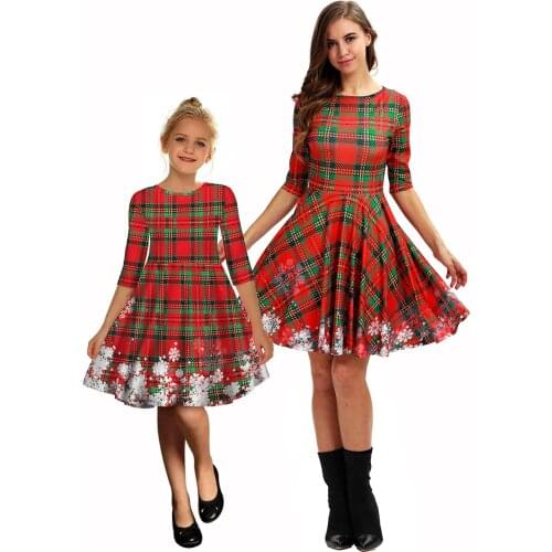 Christmas Parent-child Dress Half Sleeve Round Neck One-Pieces Casual Knee-length Skirt for Baby Girls and Lady Holiday