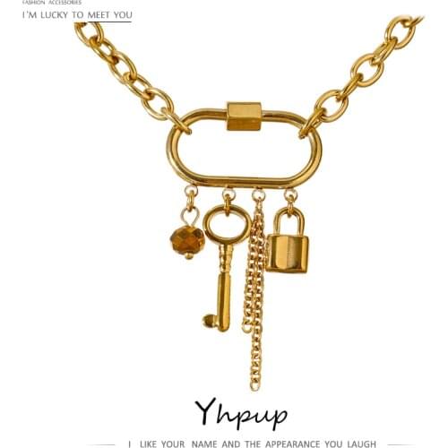 Yhpup Charm Metal Crystal Lock Key Pendant Necklace Stainless Steel Chain Choker Necklace Jewelry Collane Donna Statement 2021