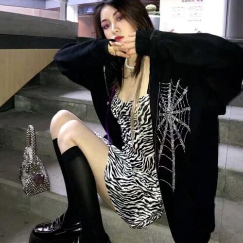 Halloween Clothes Spider Web Diamonds Print Sweatshirts Gothic Black Long Sleeve Zip Up Oversize Hoodies Women Autumn Coat Top
