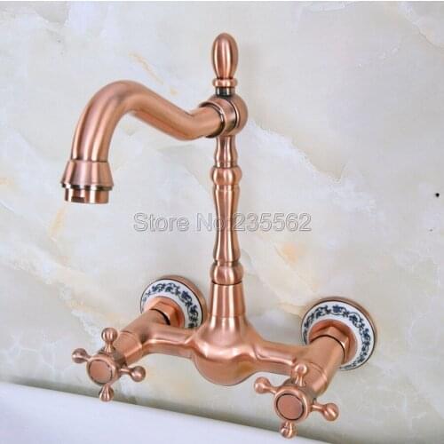 Antique Red Coppe Swivel Spout Wall Mount Bathroom Basin Sink Mixer Tap Faucet lnf943