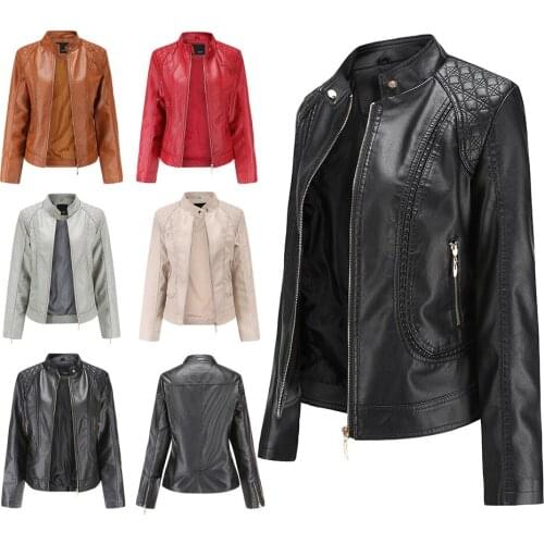 New 2020 Spring And Autumn OL Stand Collar Leather Jacket Women Moto Biker Coat PU Jacket Autumn Jacket
