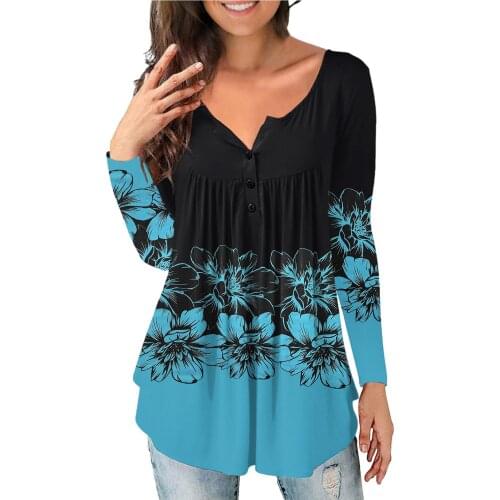 Women Casual Floral Print Blouse Round Neck Pleated Blouse Stitching Gradient Long-sleeved Top Blouse Polera Mujer #G3