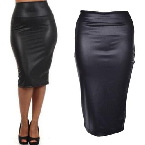 Fashion Skirts Sexy OL Women Black Faux Leather High Waist Knee Length Lady Pencil Skirt Office Slim Bodycon Plus Size юбка