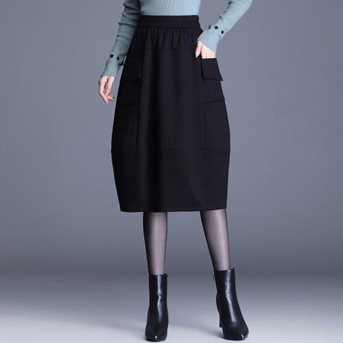 Elastic High Waist Loose Casual Elegant Black BUD Skirt for Women Autumn Winter Fashion Plus Size Mid-long Gothic Skirts 7669