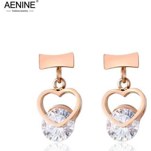 AENINE Luxury Cubic Zirconia Dangle Earrings Jewelry Titanium Steel Hollow Heart-shaped Drop Earrings Women Earrings AE17039