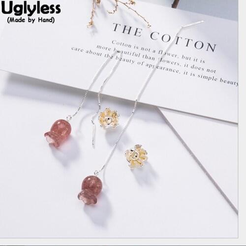 Uglyless Summer Fashion Pink Flower Earrings for Women Nature Strawberry Quartz Floral Long Ear Lines Real Solid 925 Fine Silver