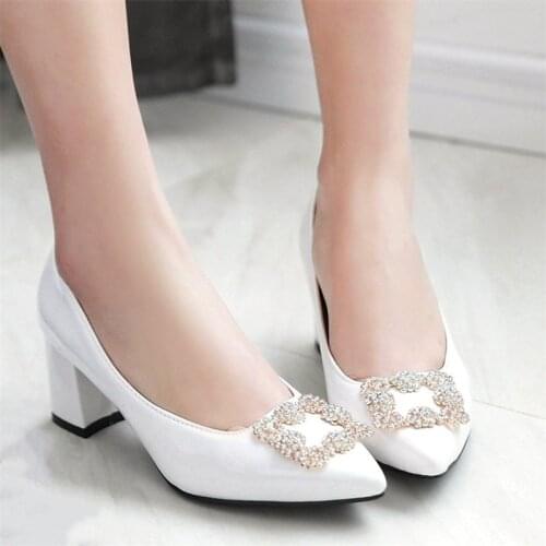Chunky Heels Famale Shoes Pointed Toe High Heels Womens Pumps Spring Patent Leather Wedding Shoes Office Work Shoes Big Size 44