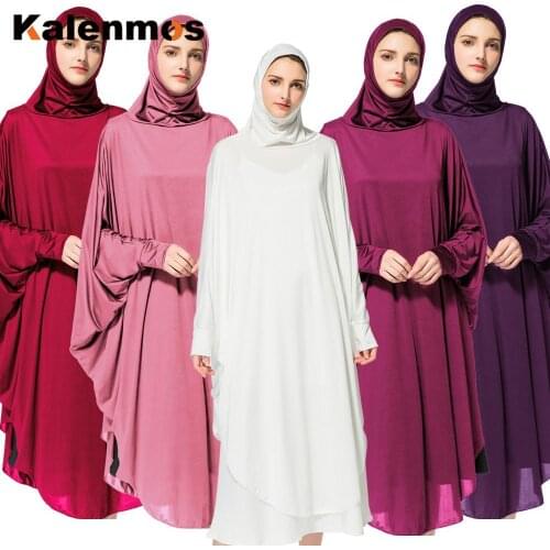 Kalenmos Arab Muslim Women Prayer Garment Bat Sleeve Hooded Worship Thobe Gown Prayer Middle East Robe Islamic Abaya Hijab Dress