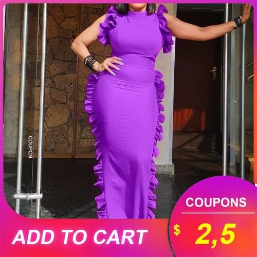 Ruffles Women Straight Dress Black Stand Sleeveless Floor-Length Bodycon High Waist Dresses 2019 African Female Maxi Robe