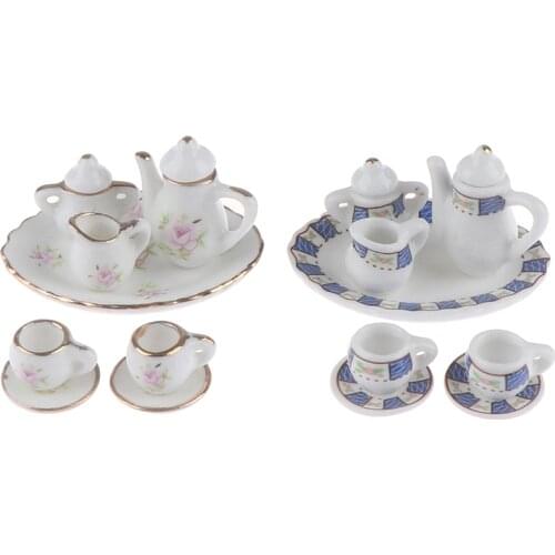 8pcs/set Dollhouse Miniature Porcelain Tea Cup Sets Mini Teapot Coffee Plate Play Kitchen Dining Tableware Toy