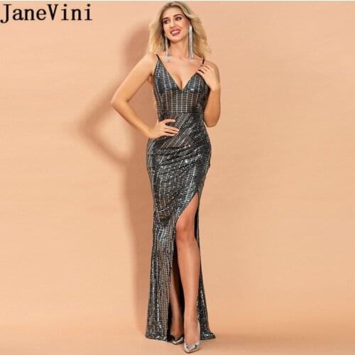 JaneVini Shining Sequins Prom Dresses 2020 for Black Girls Long Mermaid Sexy Split Women Party Gowns sirena abendkleid lang