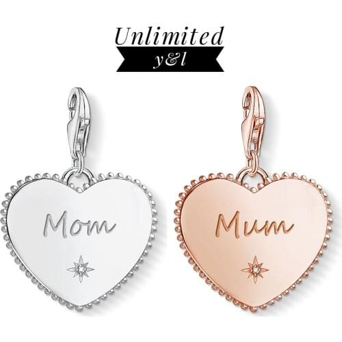 Love Mom Heart Charms Pendant 925 Sterling Silver Rose Gold Color Bracelet Necklace Fashion Jewelry Accessories Mother Women Men