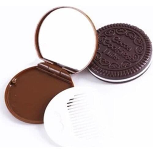Women Girls Chocolate Cookie Mini Pocket Mirror With Comb Princess Portable Sandwich Biscuit Shape Makeup Cosmetic Folding Mirro