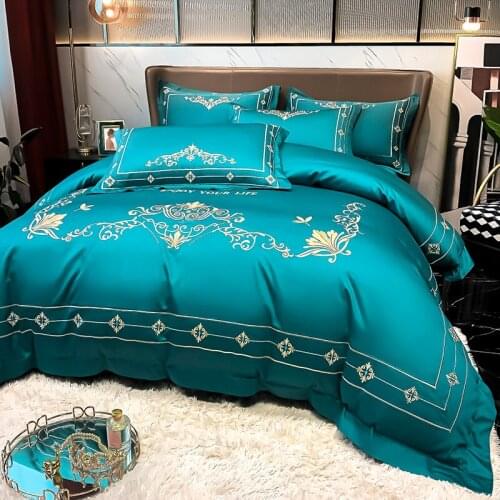 High Qualit Home Textiles Washed Silk Cotton Gold Embroidery Bedding Set Luxury Quilt/Duvet Cover Bed Sheet Linen Pillowcases