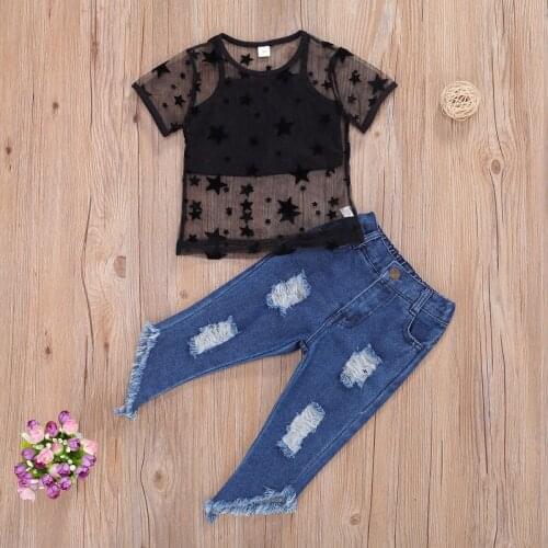 FOCUSNORM Fashion Baby Girls Clothes Sets 1-6Y Strap Vest + Star T-Shirt + Denim Ripped Pants With Irregular Legs Suits