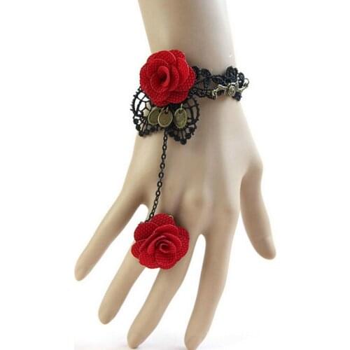 Gothic Palace Retro Handmade Women Jewelry Black Lace Rose Flower Finger Bracelets Wristband Bangles