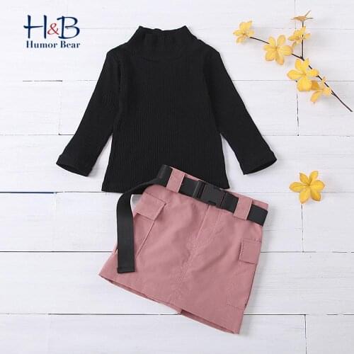 Humor Bear Autumn Children Clothes Suit Long Sleeve High Collar Knitted Sweater Solid Color Short Skirt 2pcs Toddler Clothes